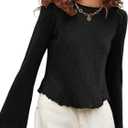 SOFIA'S CHOICE Women's Flare Long Sleeve Crop Top T Shirt Crewneck Lettuce Trim Tops Black XX-Large
