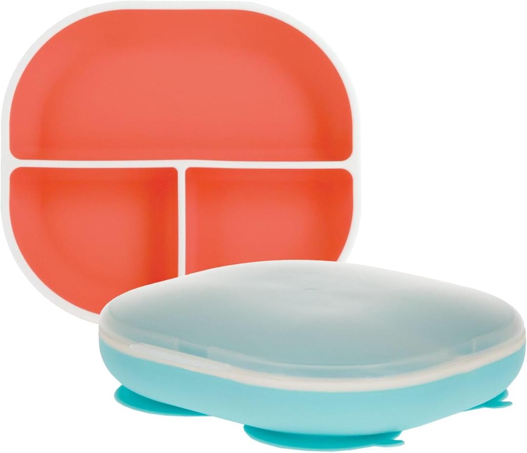 Nuby Silicone Rectangle Suction Plate with Lid - Dishwasher-Safe Baby and Toddler Plate - 6+ Months - Aqua and Coral - Back to School Essentials