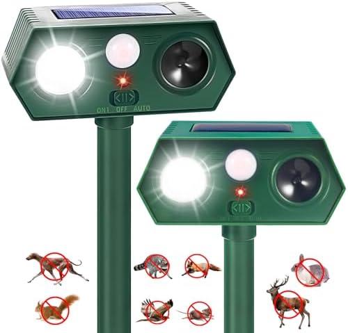 2Pack Solar Ultrasonic Animal Repellent Outdoor Cat Solar Animal Repeller with Motion Sensor&LED Flashlight Deer Repellent Devices to Scare Raccon Fox Rabbit Squirrel Skunk Repellent for Yard