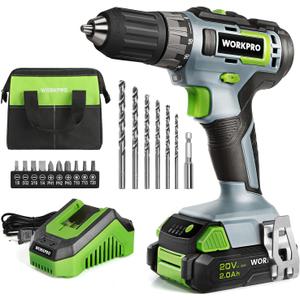 WORKPRO 20V Cordless Drill Driver Kit, 3/8'' Keyless Chuck, 2.0 Ah Li-ion Battery, 1 Hour Fast Charger and 11-inch Green Storage Bag Included