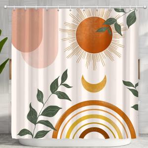 Mid Century Abstract Boho Orange Aesthetic Shower Curtain Set, Spring Summer Pink Green Nature Leaf Sun Modern Minimalist Home Bathroom Curtain Decor with 12 Hooks 72x72 Inches (72"W x 72"L (Pack of 1))