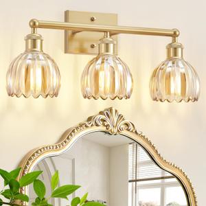 Bathroom Vanity Light 3 Light, 20 in Brushed Brass Bathroom Light Fixtures, Vintage Wall Sconces,Bath Vanity Lights Over Mirror with Amber Tulip Glass Shade for Bedroom Living Room,E26 Base