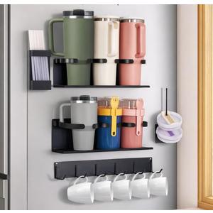 HAMARA Fiber-Steel Magnetic Stanley Cup Holder for Fridge 5-Piece Tumbler & Lid Organizer Set with Straw Rack & Hook Rail, Water Bottle Storage, Stanley Cup Accessories for Kitchen & Pantry