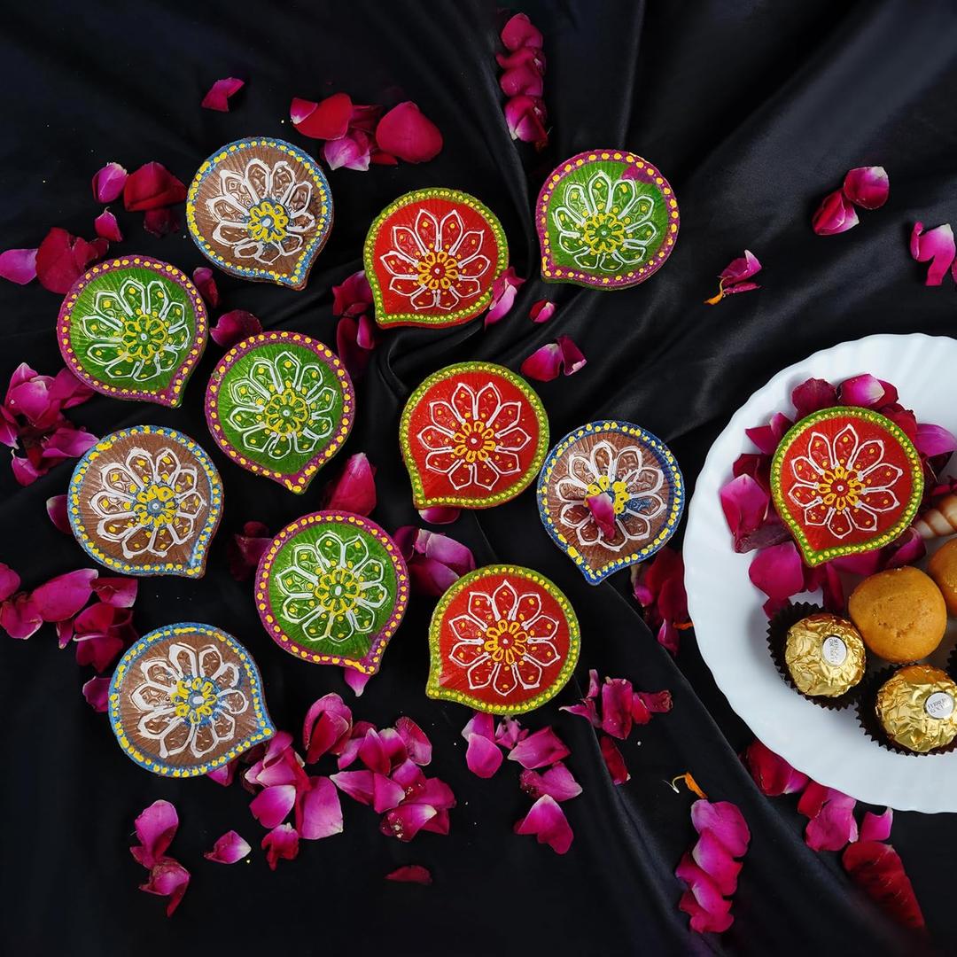 4OUR FAITH 12 Pc Terracotta Handpainted Diya Set - Multicolor Decorative Clay Diyas for Diwali Pooja & Thanksgiving Celebrations | Unique Indian Gift Item | Natural Mitti Earthen Diyas
