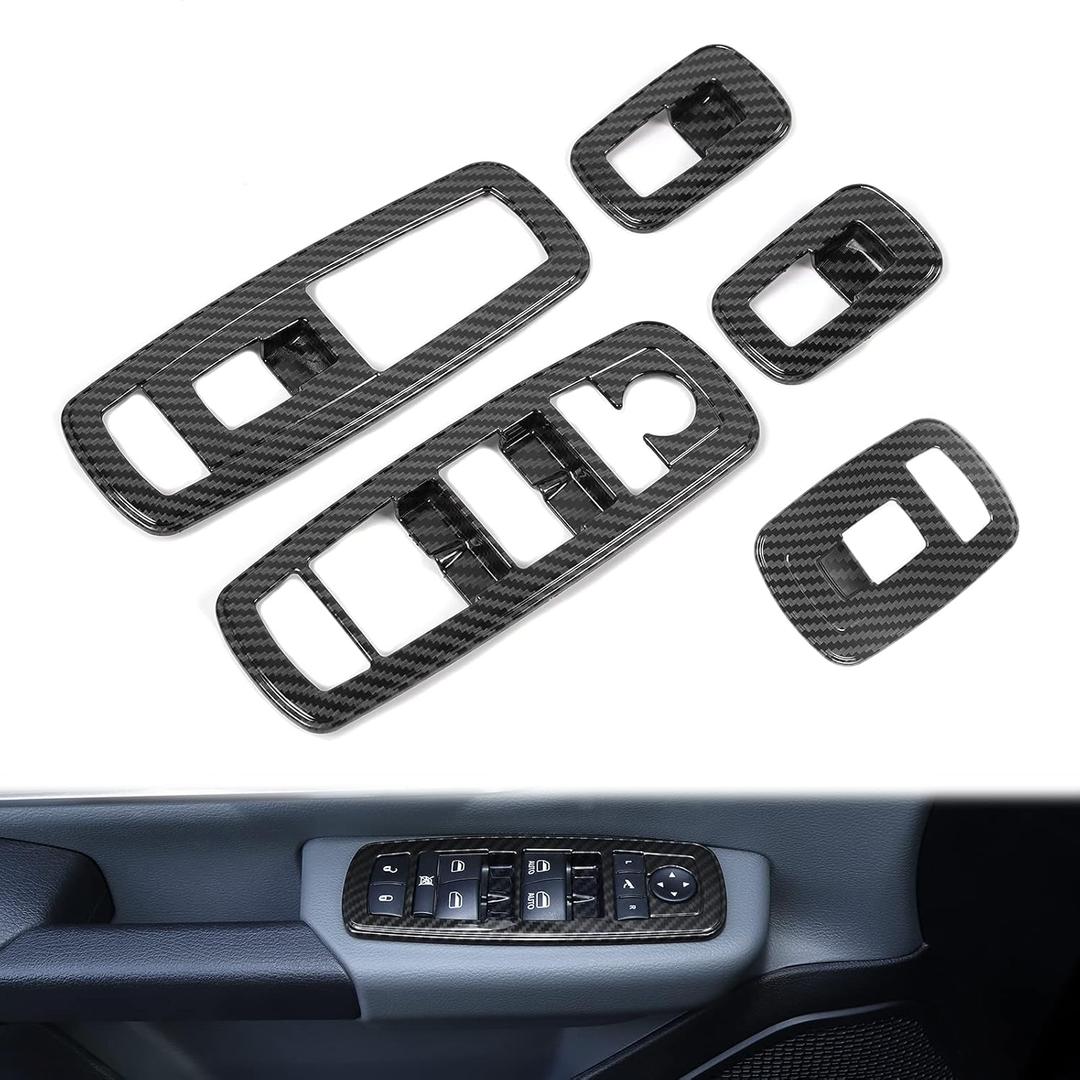 Voodonala Window Lift Switch Power Window Control Regulator Button Embellishment Trim 2018-2025+ Dodge RAM Interior Accessories ABS Carbon Fiber 5Pcs