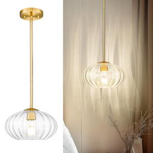 FEMILA Pendant Light for Kitchen Island, 10.3" Brushed Gold Pendant Lighting, Dome Glass Pendant Light Vintage Light Fixtures for Bedroom Hotel Dining Room, 4FYD85MIL BG