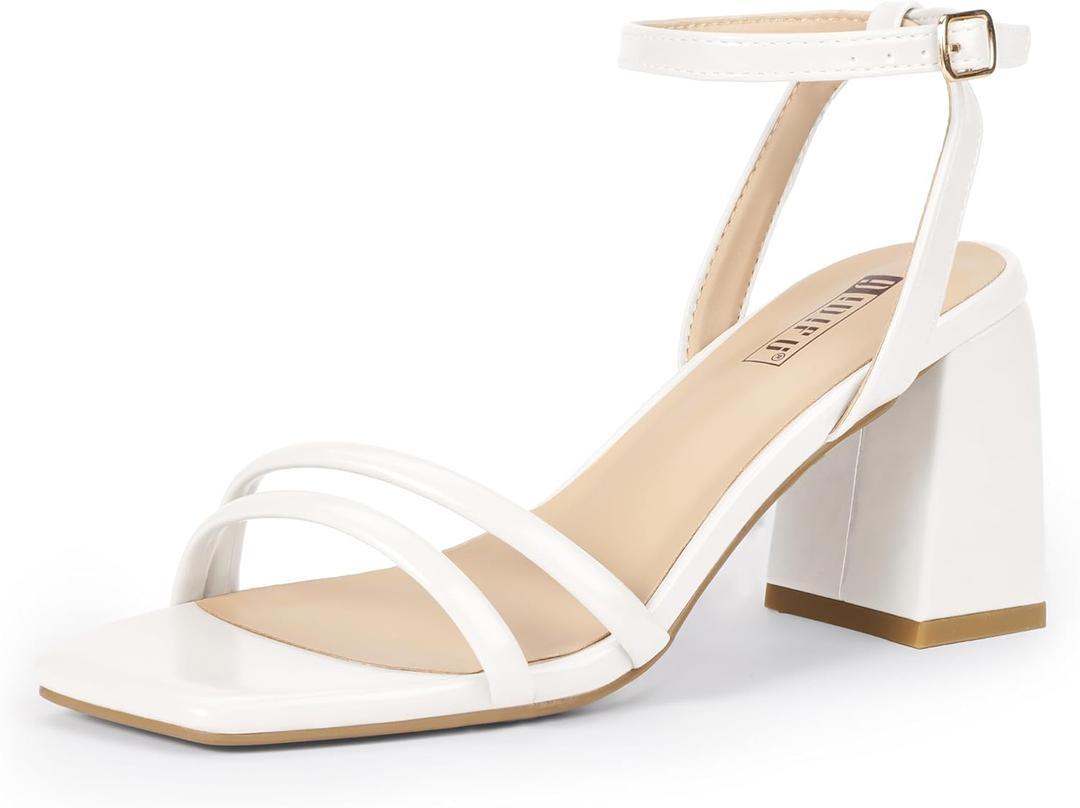 IDIFU IN3 Women's Strappy Heels Chunky Block Square Open Toe Adjustable Ankle Strap Heeled Sandals Slingback Thick Low Wedding Prom Bridal Dress Shoes for Women Short Small Heels (7.5, White Pu)