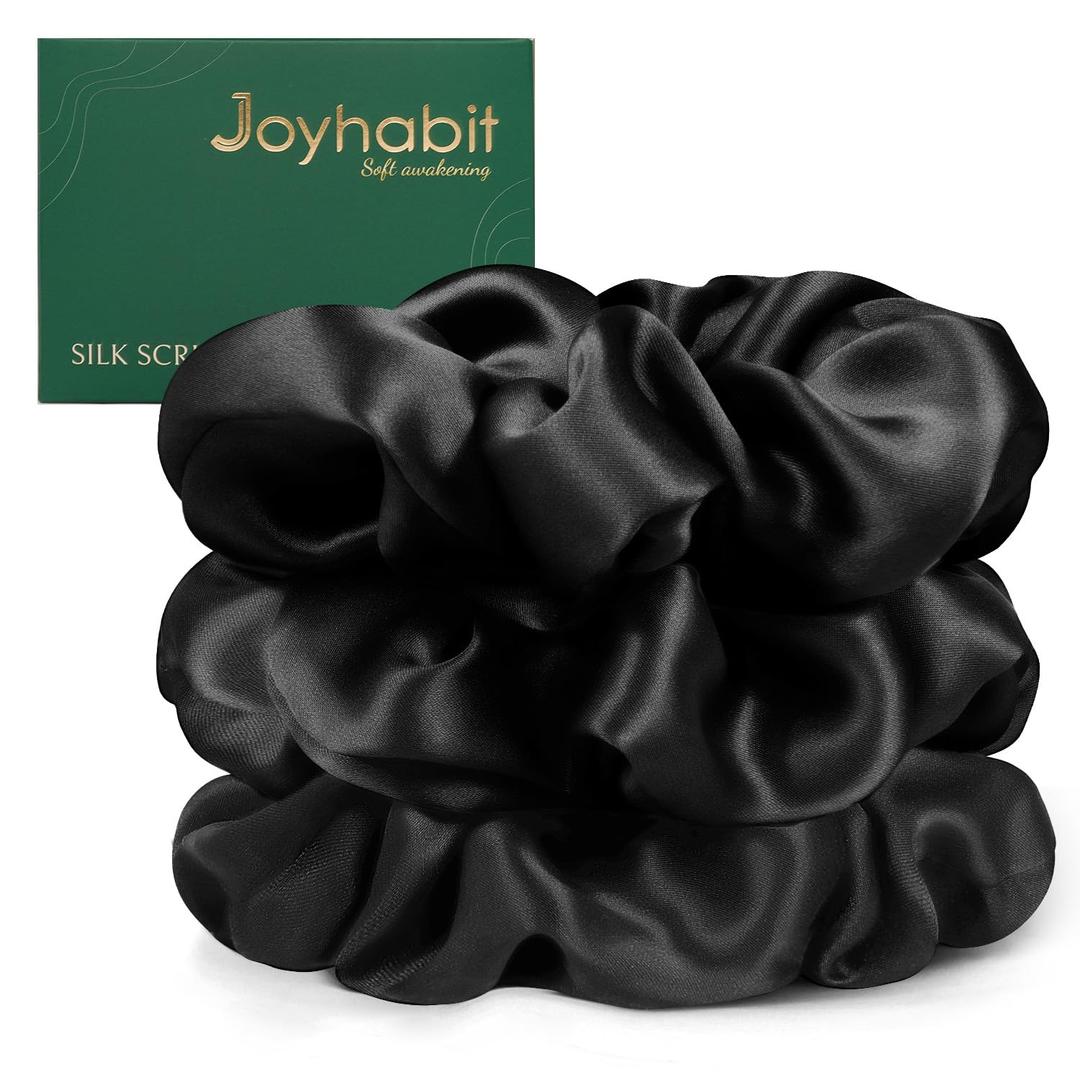 Joyhabit Silk Scrunchies for Women  Black | 4CM Premium Elastic Hair Ties No Damage No Pull, Soft for All Hair Types, Comfortable for Sleep & Daily Styling 5 Pack