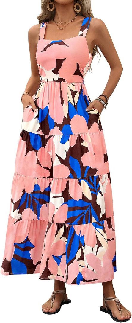 PRETTYGARDEN Womens 2026 Summer Dresses Fashion Clothing Floral Maxi Dress Ruffle Long Flowy Boho Beach Vacation Sundresses (Pink, XXL)