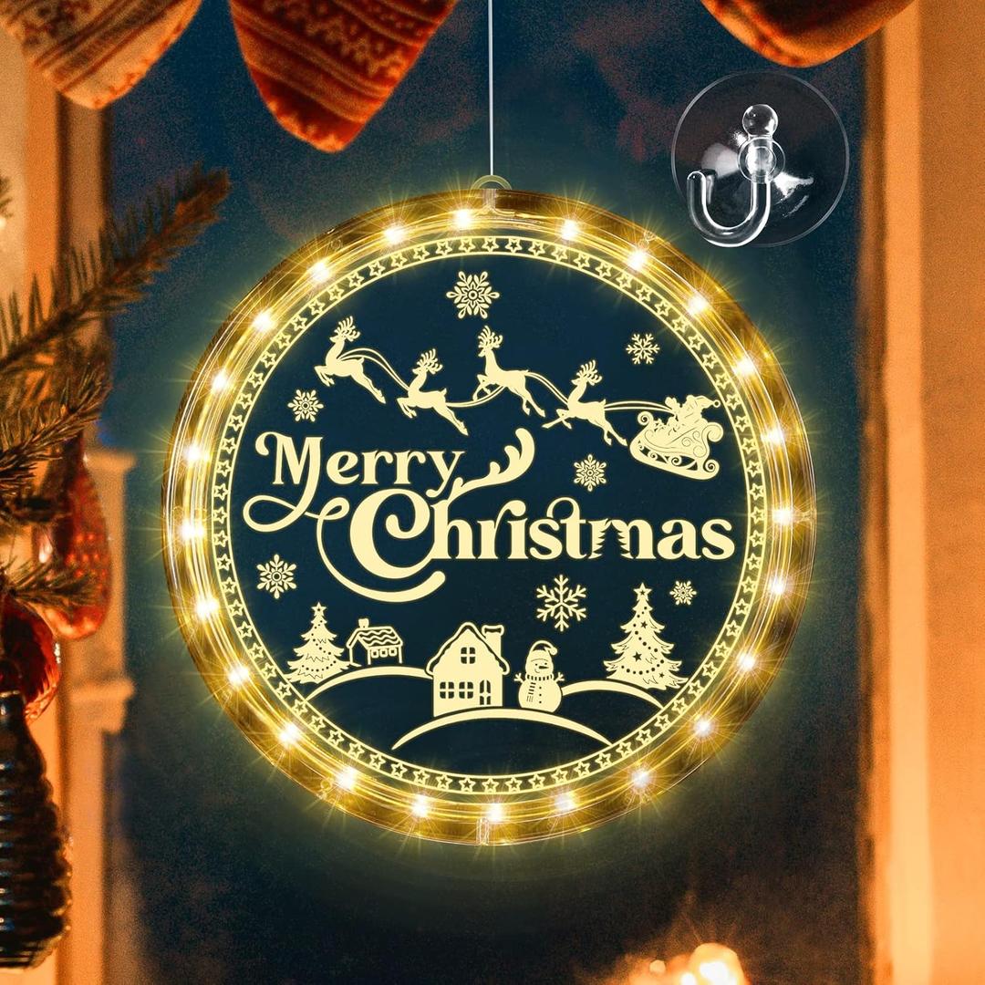 Tiamon Merry Christmas Window Light Decorations Xmas LED Decorative Window Battery Operated 3D Acrylic Hanging Light with Suction Cup Hooks for Holiday Party Windows Wall Bedroom Decor, Warm White