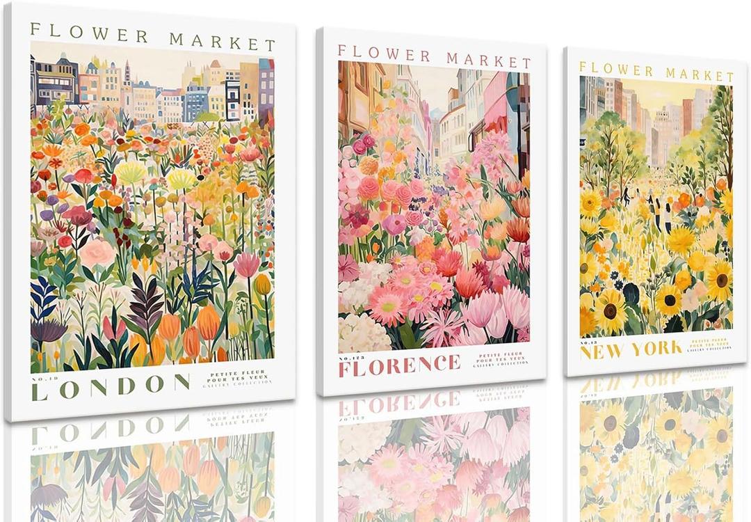 XLARTMY Flower Market Wall Art Print Canvas Framed Yellow Pink Floral Paintings Colorful Botanical Sunflower Artwork Travel Poster for Decor Picture 3 pieces for Living Room Bedroom Bathroom 12x16in