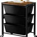 Rolling Cart with 3 Drawers, Plastic Drawer Storage Carts with Lockable Wheels & Wooden Tabletop, Metal Utility Cart Organizer, Office Bedroom Classroom Craft Organization and Storage, Dark Black
