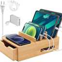 Bamboo Charging Station for Multiple Devices, Desktop Charger Organizer with Tray& Drawer, Wooden Docking Station for Smart Devices, Cell Phone, Tablet,Watch (Include 6 Cables, 5 Port USB Charger)