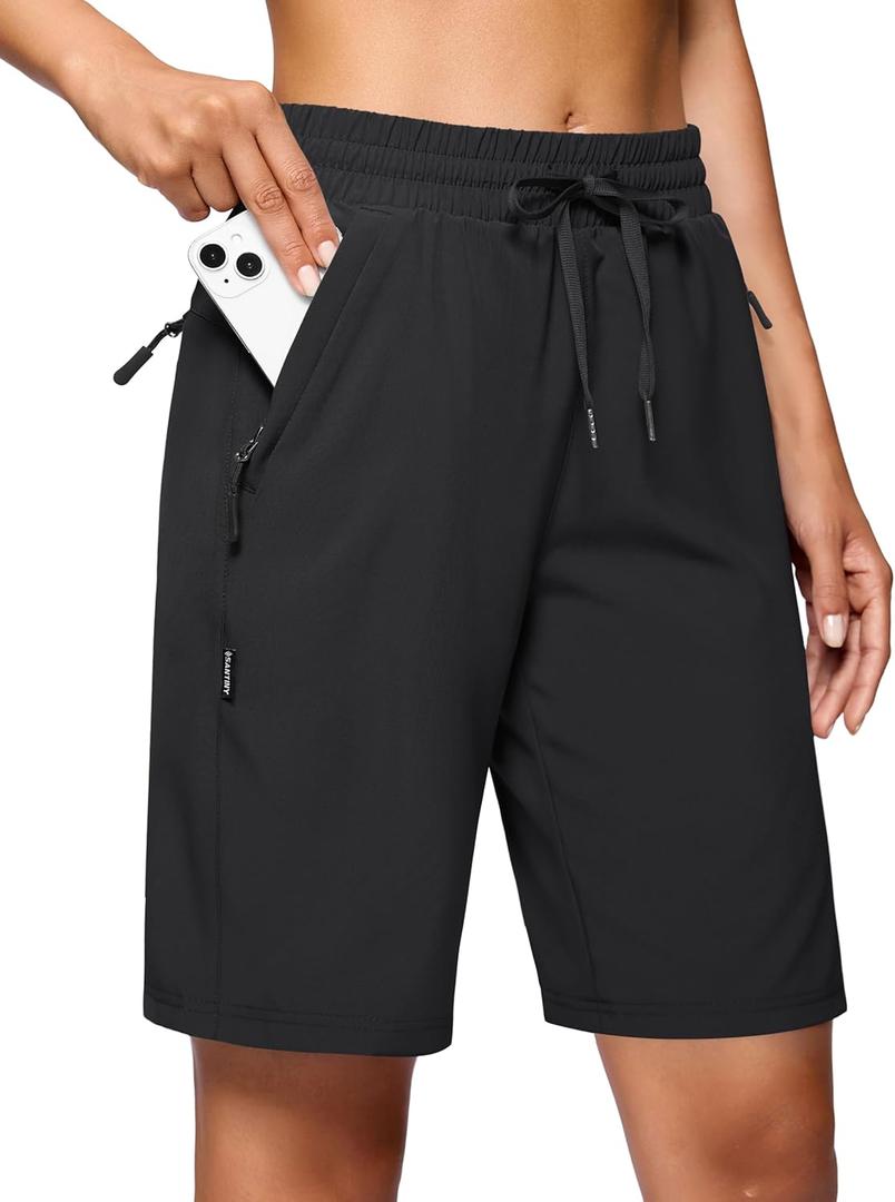 SANTINY Women's 7''/ 9'' Hiking Shorts with 3 Zipper Pockets Lightweight Quick Dry Long Athletic Golf Shorts for Women Casual (Medium, Black)