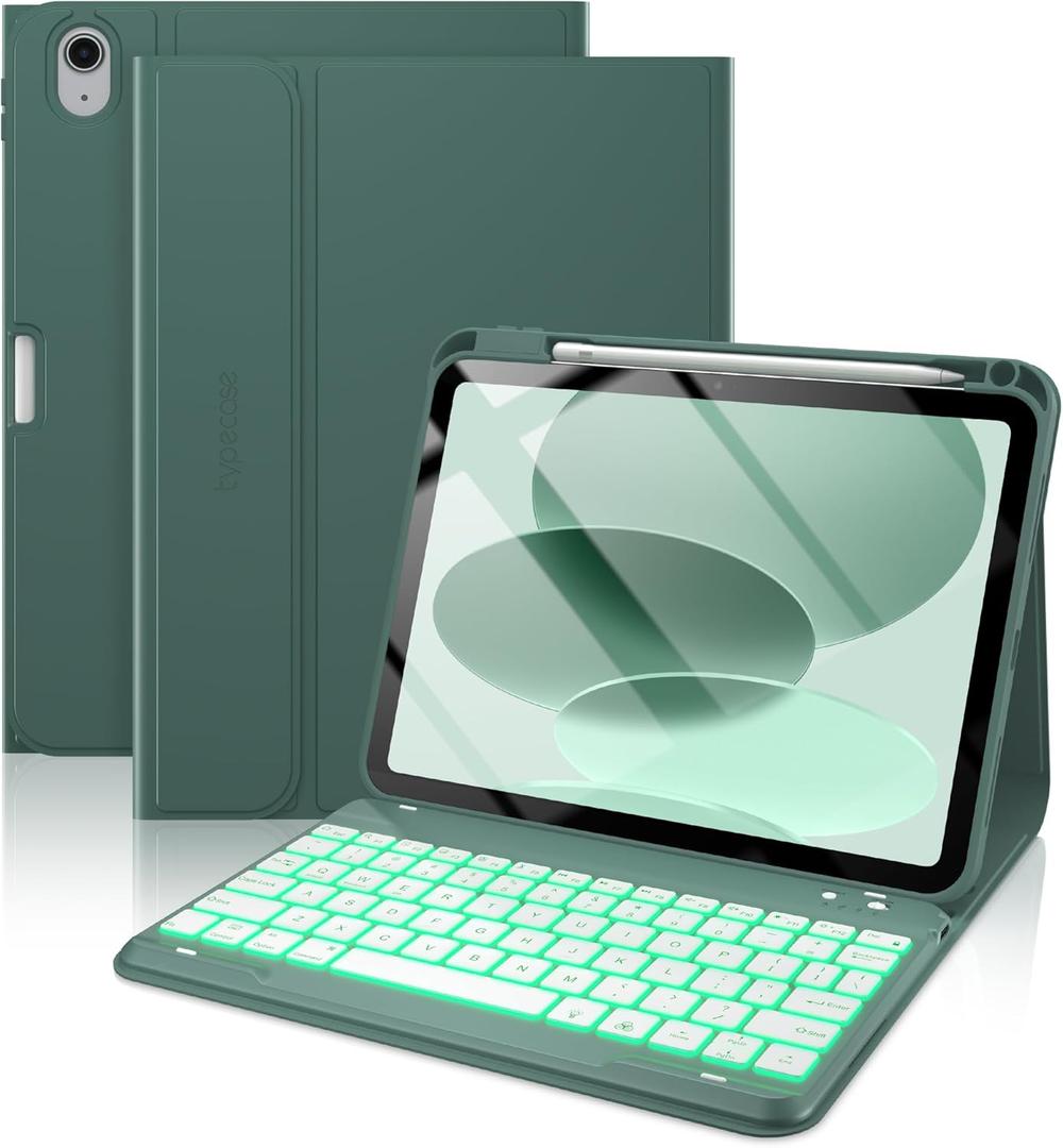 typecase Folio Keyboard Case for iPad 10th Gen 10.9 inch (2022) and iPad 11th (A16, 2025), Magnetic Wireless Detachable Keyboard, 7-Color Backlight, Thin & Light, Pencil Holder  Midnight Green
