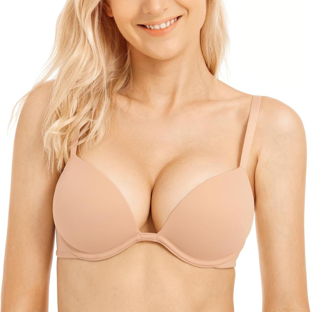 Wingslove Women's Push Up Bra Deep V Plunge Underwire T-Shirt Bra Multiway 2 Cups Up (36C, Pink Nude)