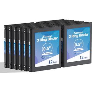 SUNEE 3 Ring Binders 1/2 Inch 12 Pack, Clear View Three Ring PVC-Free (Fit 8.5x11 Inches) for School or Office Supplies, Black