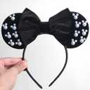Black Velvet Mouse Ears Headband with Pearl & Bow, Halloween Christmas Cosplay Costume Princess Party Hair Accessories (Red, One Size) (1 Count (Pack of 1))