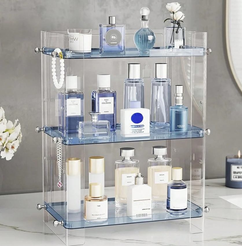 Delamu Bathroom Countertop Organizer, 3 Tier Adjustable Corner Makeup & Skincare Organizer with Protective Guard Rail, Transparent Design for Vanity, Bathroom Counter, Ideal for Girls