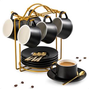 YHOSSEUN Ceramic Espresso Cups Set of 6, 4 Oz Expresso Shots Cup with Stand, Saucers & Spoons, Small Coffee Espresso Cup Demitasse Cups, Black
