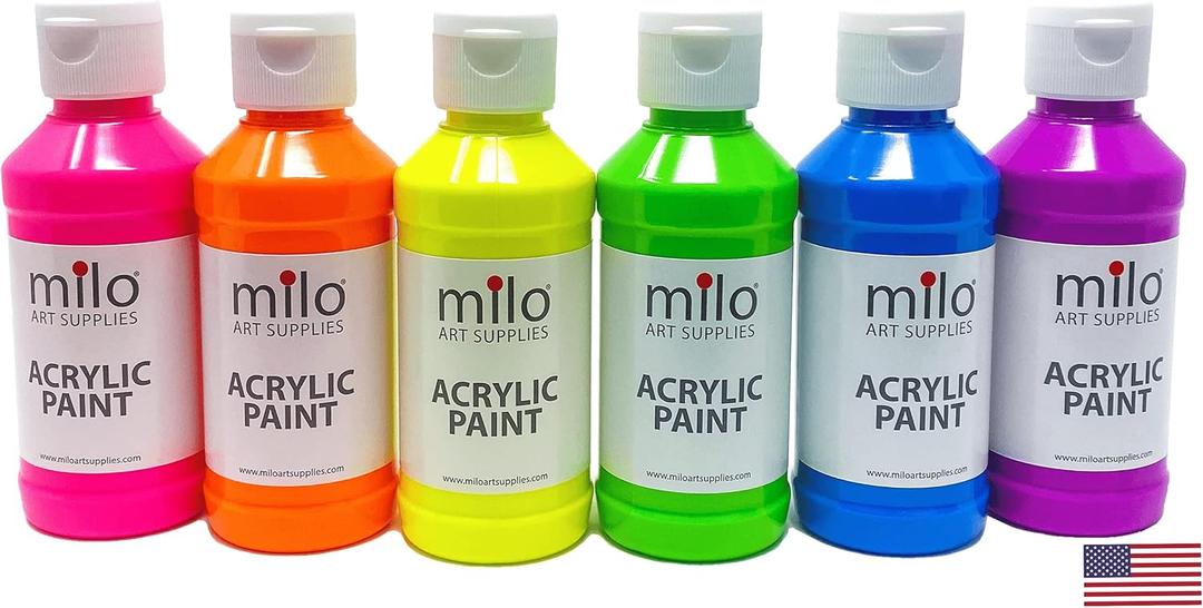 milo Fluorescent Acrylic Paint Set of 6 Colors | 4 oz Bottles | Student Neon Colors Acrylics Painting Pack | Made in the USA | Non-Toxic Art & Craft Paints for Artists, Kids, & Hobby Painters