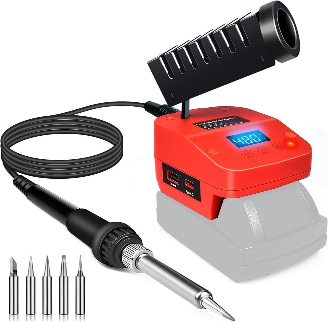 Cordless Soldering Iron Station Tool for Milwaukee M18 18V Battery,Portable Electric Fast Heating Up Soldering Iron with USB&Type C for M18 for DIY,Appliance Repair,Wire Welding(NO Battery) (Red)