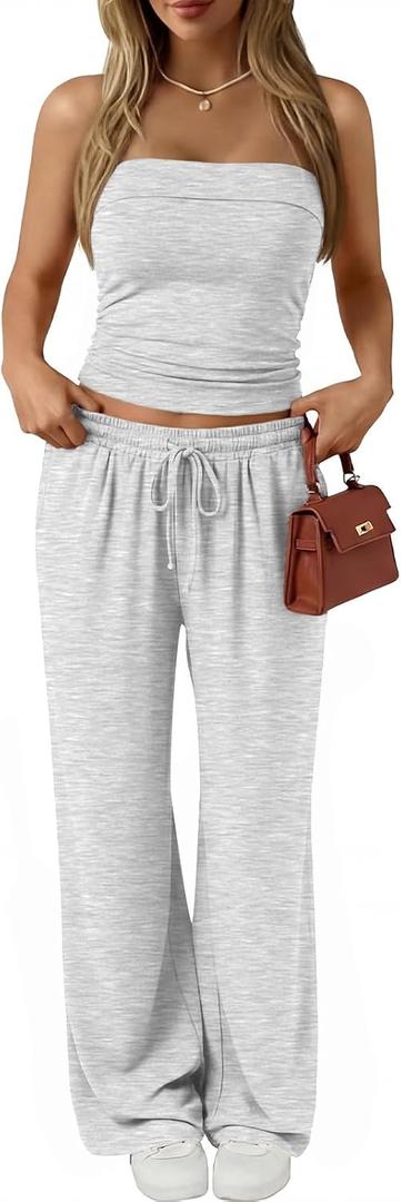 Trendy Queen 2 Piece Vacation Outfits for Women Summer Travel Outfits 2026 Spring Fashion Tube Tops Wide Leg Pants (Gray, S)