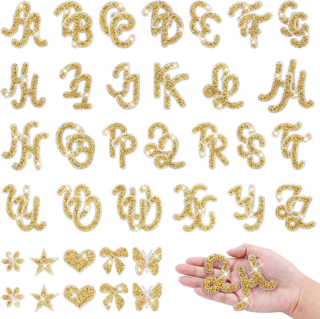 62 Pcs Rhinestone Letter Stickers Crystal Alphabet A-Z Self-Adhesive Letter Patches Bling Glitter Stickers Iron on Letters for Clothing Craft Decor Black