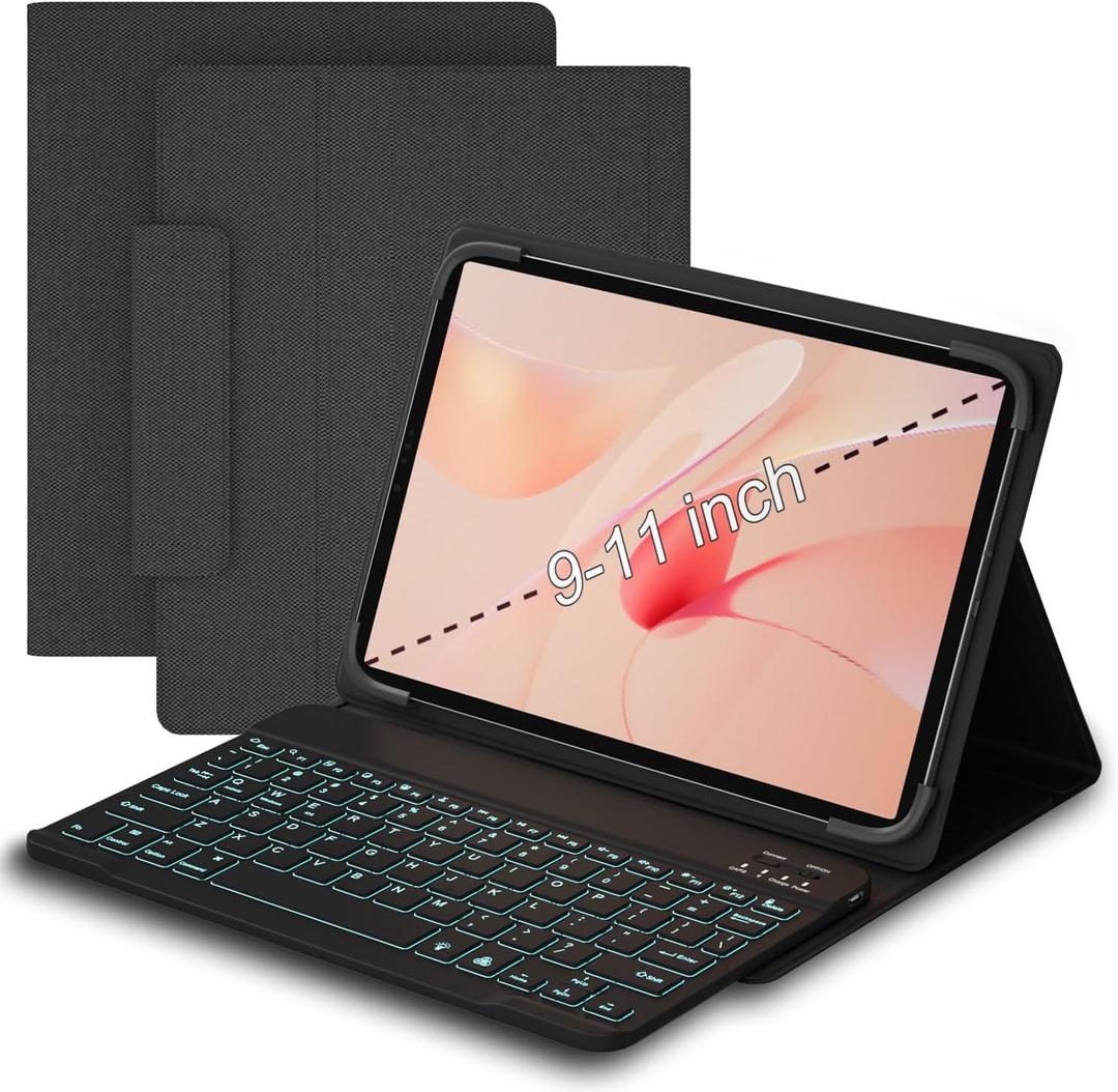 Universal Tablet Case with Keyboard for 9",9.7",10.1",10.2",10.4",10.5",10.9",11" Tablets, with Removable 7 Color Backlit Bluetooth Keyboard for iPad, Samsung, Pixel, Other Tablet
