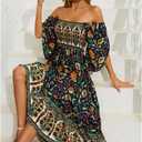 Women's Long Maxi Dress Sexy Off Shoulder Floral Dress Ruffle Short Sleeve Smocked Flowy A Line Boho Dress (Black, XL)