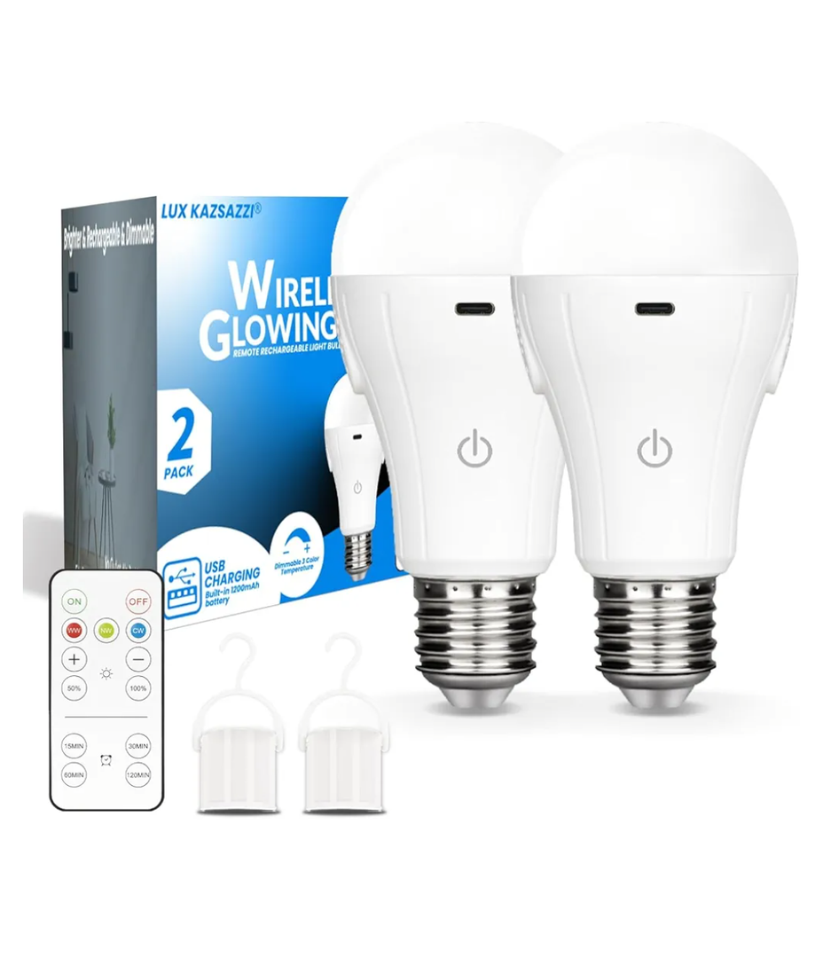 WirelessGlow Rechargeable Light Bulbs with Remote, 3 Color Temperatures and Dimmable Battery Operated Light Bulbs, Touch Control + USB Rechargeable Battery Light Bulb, A19, 2 Pack