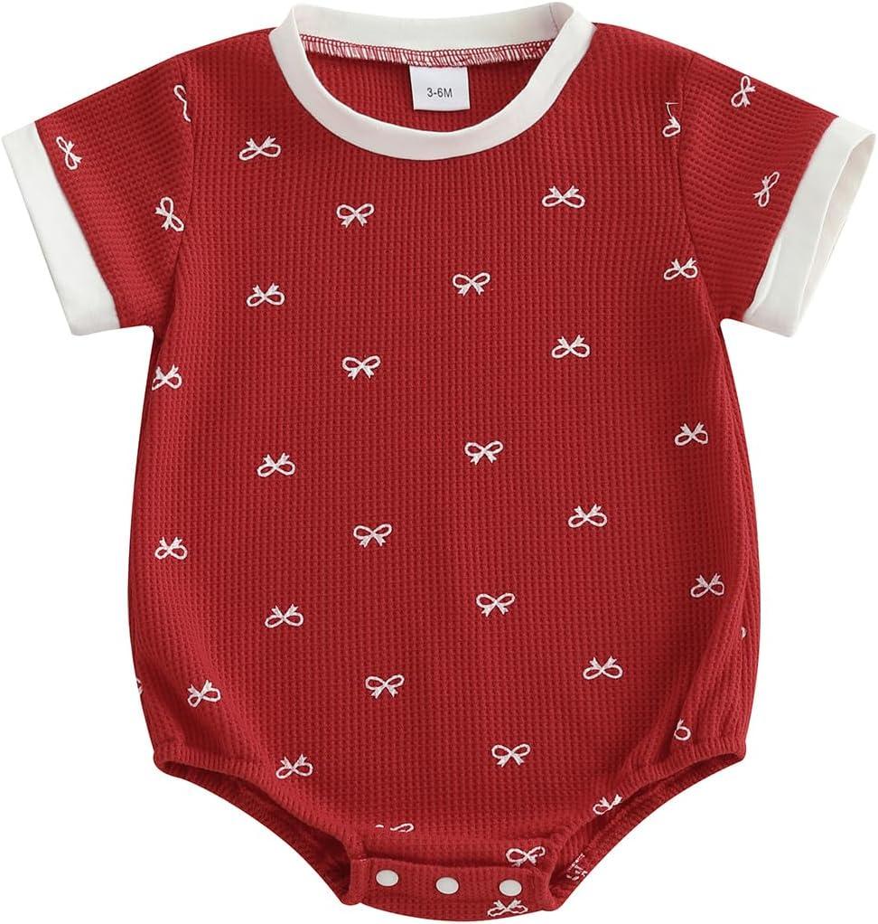 Adobabirl Baby Girl Outfit Newborn Bow Bubble Romper Short Sleeve Waffle Jumpsuit Shirt Infant Cute Summer Clothes (Red, 0-3 Months)