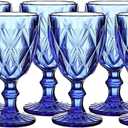 WHOLE HOUSEWARES | Goblet Glass Drinkware Set | Vintage Drinking Cups | 9.5oz Water Goblets Glasses | Set of 6 Colored Glassware for Kitchen | For Wedding or Parties | Cobalt Blue Diamond Pattern