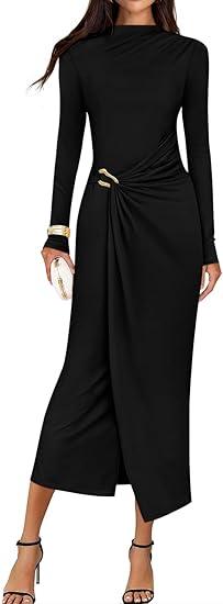 Women's 2025 Fall Long Sleeve Bodycon Dress Mock Neck Wedding Guest Cocktail Party Long Midi Dresses XL Black