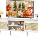 SUPERJARE TV Stand for 65 Inch TV, Entertainment Center with Adjustable Shelf, Rattan TV Console with 2 Cabinets, Media Console, Solid Wood Feet, 4 Cord Holes, for Living Room, White, 53.9"