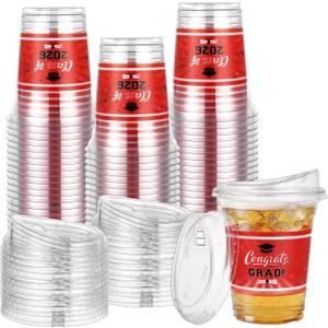 Bokon 100 Pcs 2026 Red Graduation Plastic Cups Bulk with Strawless Sip Lids 12oz Disposable Congrats Grad Cup Drinkware Class of 2026 Celebration for High School College Party Supplies Decoration