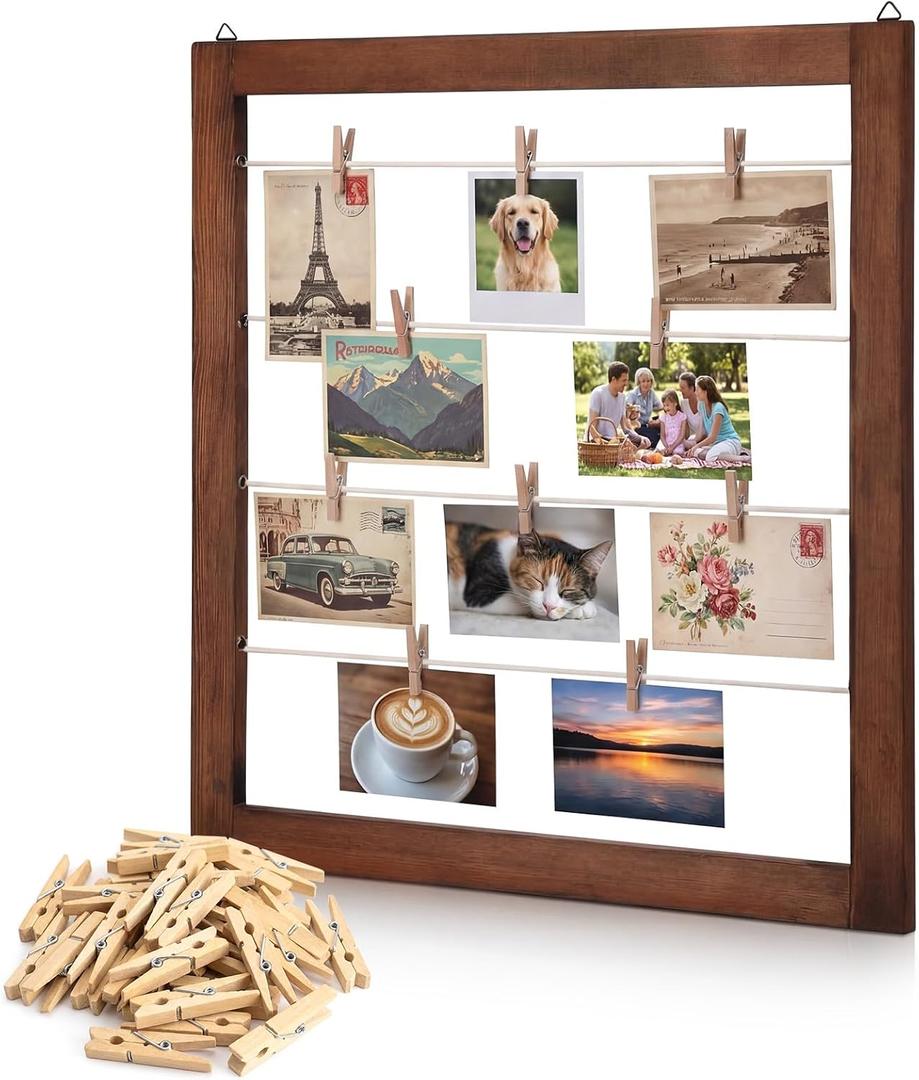 Sintuff Photo Display Board with Clips Farmhouse Picture Collage Board Picture Frame Clothesline Photo Display Stand Decor for Wedding Baby Shower Grad Postcard(Flat Edge,Walnut Wood,23 × 23 Inches)