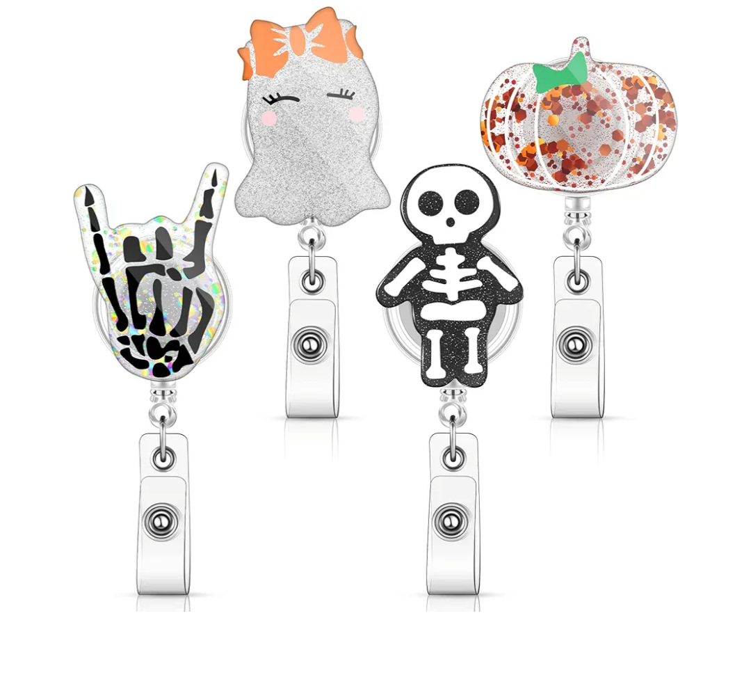 4 Pieces Halloween Retractable Badge Reel Acrylic Ghost Pumpkin Badge Holder Nurse ID Badge Holder with Alligator Clip Glitter Halloween Decorative Badge Reel for Student Teacher Doctor Nurse