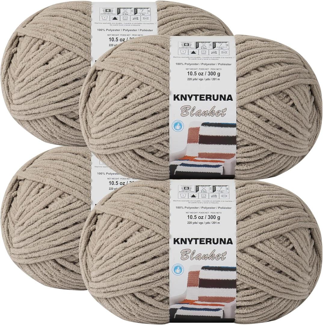 Knyteruna #6 Super Bulky Blanket Yarn for Crocheting - 4 Skeins(Each 10.5oz/300g, 220yds/201m), Chunky Chenille Thick Plush Big Soft Yarn for Crocheting Knitting Blankets, Khaki