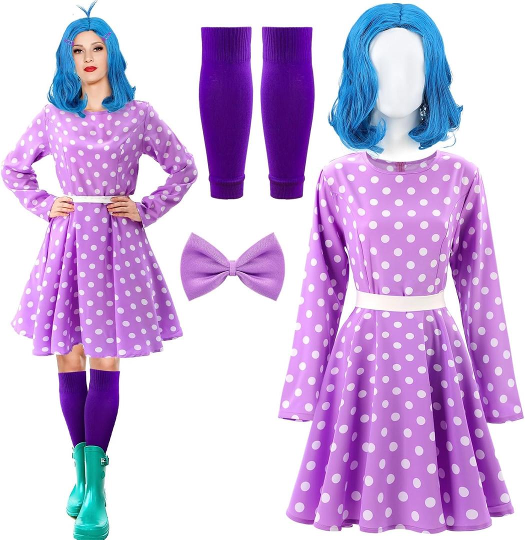 Mepase 4 Pcs Halloween Women Costume Accessories Set Purple Party Dot Dress Costume Wavy Blue Wig Purple Bow Hairpins Knee Pad for Halloween Cosplay Party Women Movie Festival