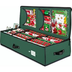 ZOBER Gift Wrapping Paper Organizer Storage - 40" Gift Wrap Storage Containers with Interior Pockets for Bows, Tags & Ribbons - Wrapping Paper Holder, 600D Oxford, Fits 24 Standard Rolls, Green/Black