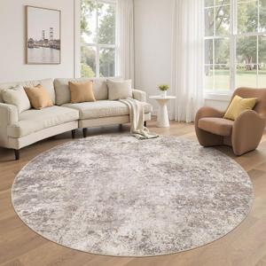 6ft Round Area Rug Living Room Rugs - 6x6 Washable Large Soft Indoor Neutral Modern Abstract Low Pile Rug Carpet for Bedroom Dining Room Farmhouse Home Office - Brown