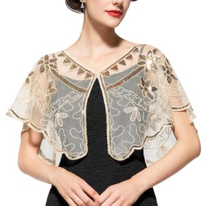 YESSA Women's 1920s Shawl Wraps,Sequin Flapper Evening Shawls for women Gatsby Accessories for Harlem Night (Beige)