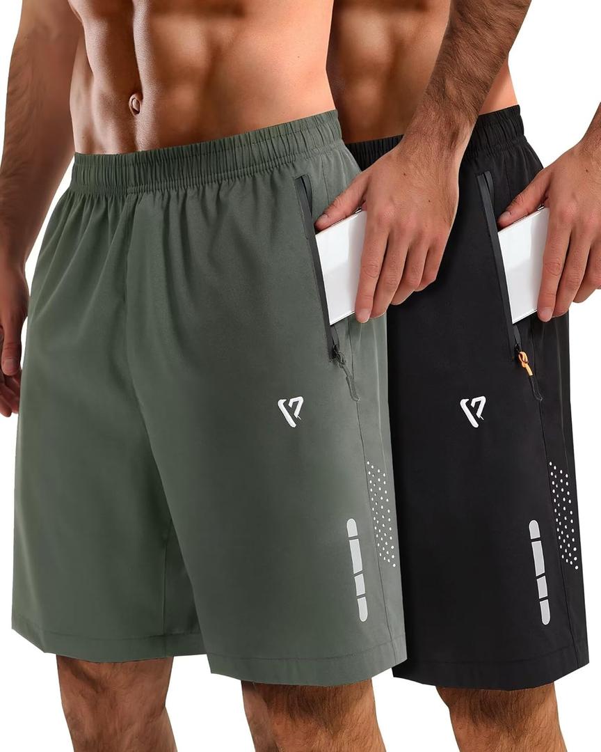 2 Pack Mens Athletic Shorts Quick Dry 7 Inch Running Shorts Breathable Mesh Gym Workout Shorts with Zipper Pockets (Large, Black&army Green)