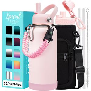 32/40/64 OZ Water Bottle with Straw - Spout Lid, Kepp Cold-48H Hot-24H, Insulated Water Bottles with Strap Carrier Bag, Paracord Handle, Protective Boot, Leakproof Metal (Pink)