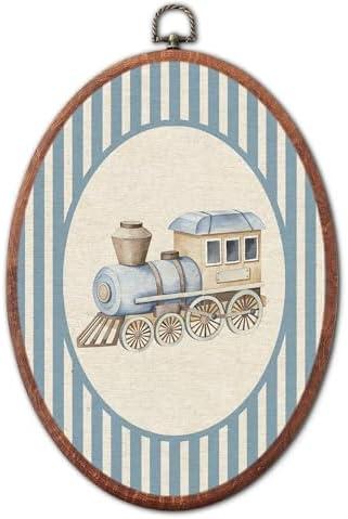 Vintage Classic Train Nursery Oval Wall Art, Blue Stripe Canvas Prints Framed, Farmhouse Retro Decor Wall Art Hanging Decor for Kids Toddler Room Playroom Decoration, 8.6x11.4 Inch
