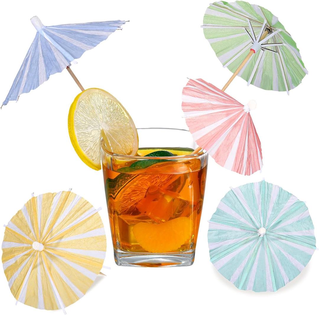 Cunhill 150 Pcs Drink Umbrellas Cocktail Picks Vertical Stripes Style Mini Umbrella for Drink Paper Parasol Cocktail Stick with Wood Toothpick for Summer Hawaiian Party Decor Cupcake Topper(5 Color)