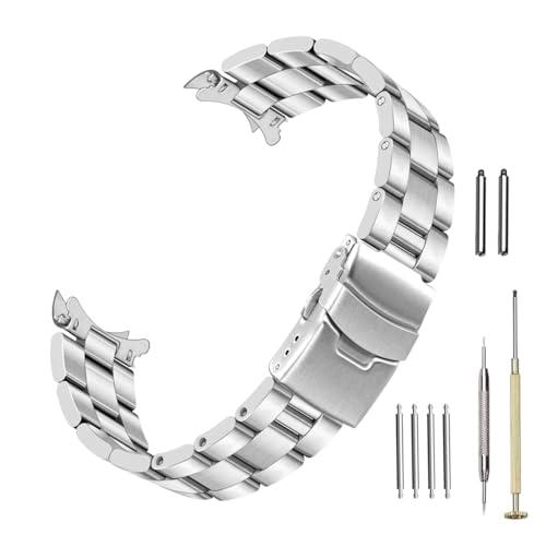 22mm Curved Ends Watch Band with Fold over Clasp, Silver Screw-in Stainless Steel Half-Moon Tapered 3D Flats Metal Watch Strap for Men Women