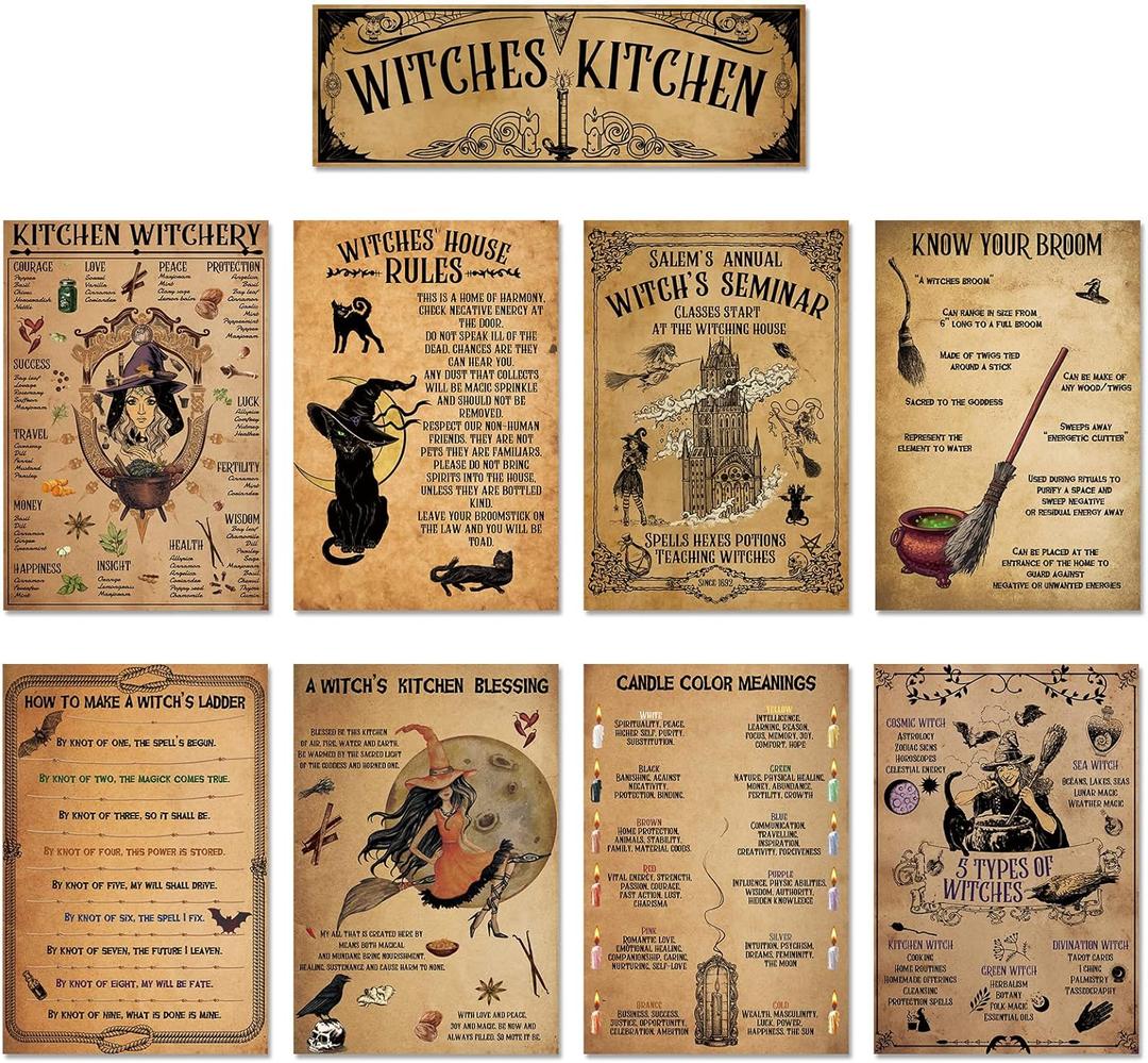 Funrous 9 Pieces Witchcraft Knowledge Poster Set Halloween Witches Poster Wall Decor Vintage Witches Kitchen Witchery Theme Party Supplies for Retro Rustic Home Bar Cafe Store Party Decoration