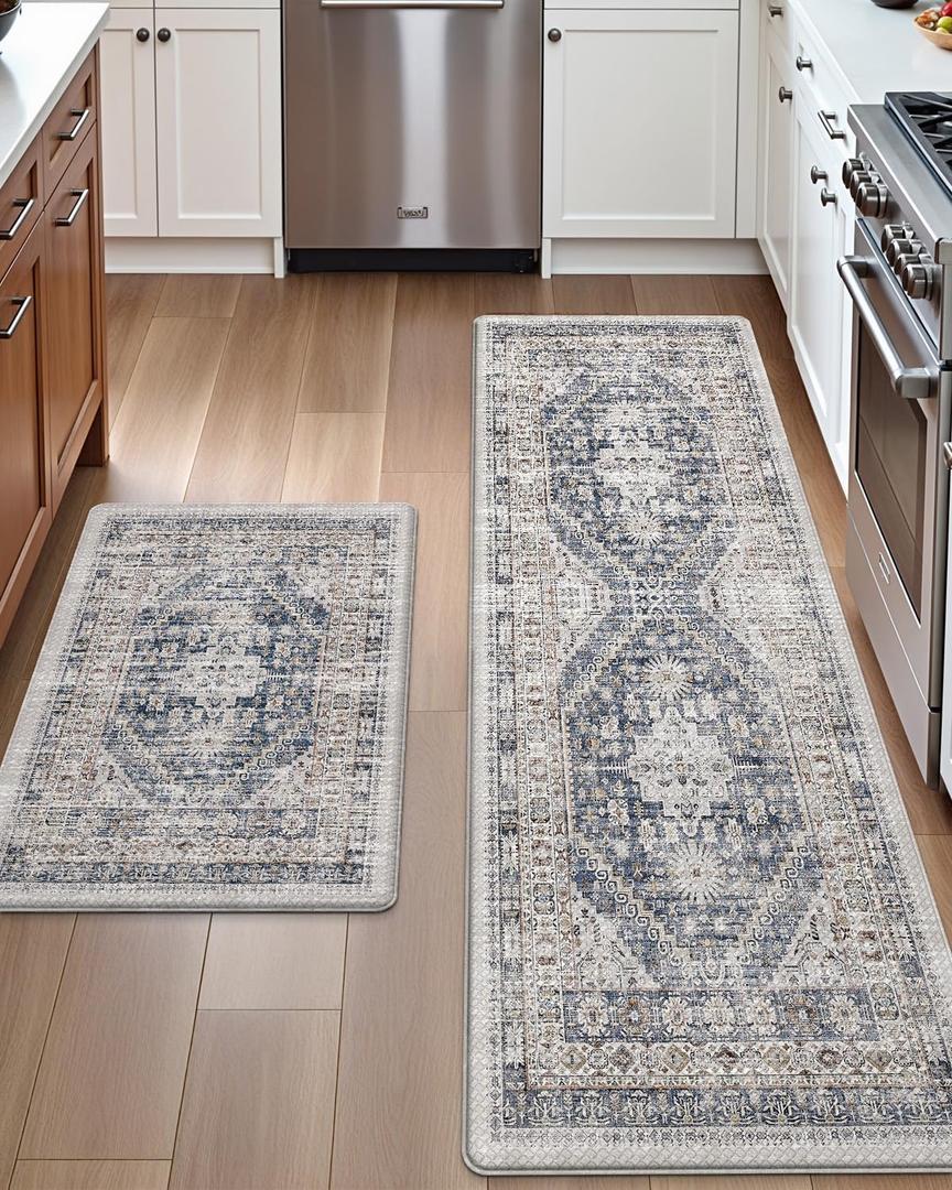 DEXI Kitchen Floor Mats Anti Fatigue, 17x29+17x59 Large Cushioned Runner Rug Waterproof, Standing Comfort Memory Foam Padded for Front Sink Laundry Office Set of 2, White